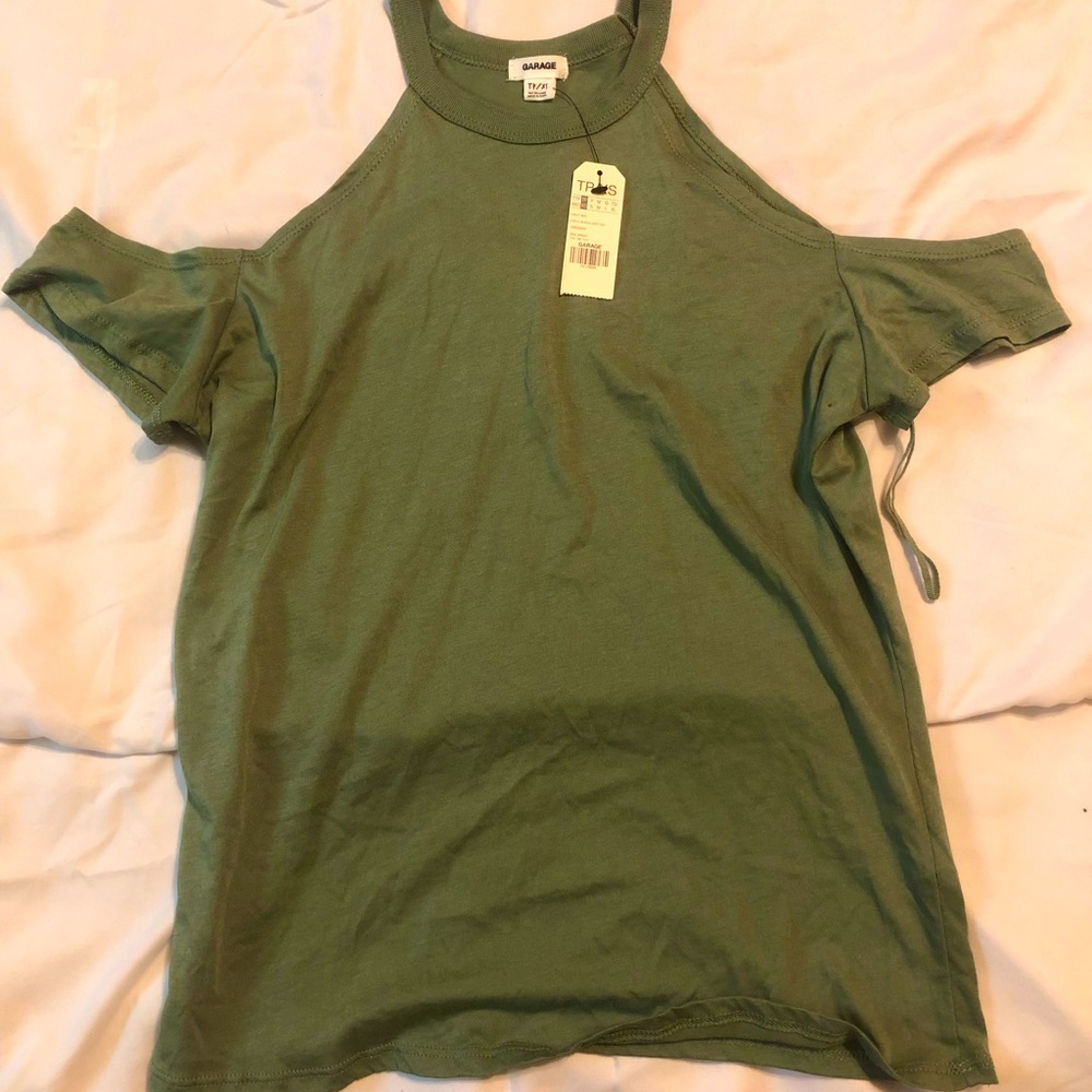 Green high neck off the shoulder tshirt
